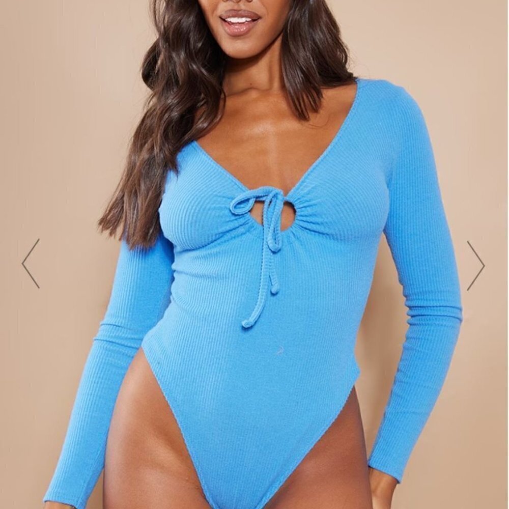 PLT BLUE BRUSHED RIB DRAWSTRING LONG SLEEVE BODYSUIT 12UK 8 US NEW